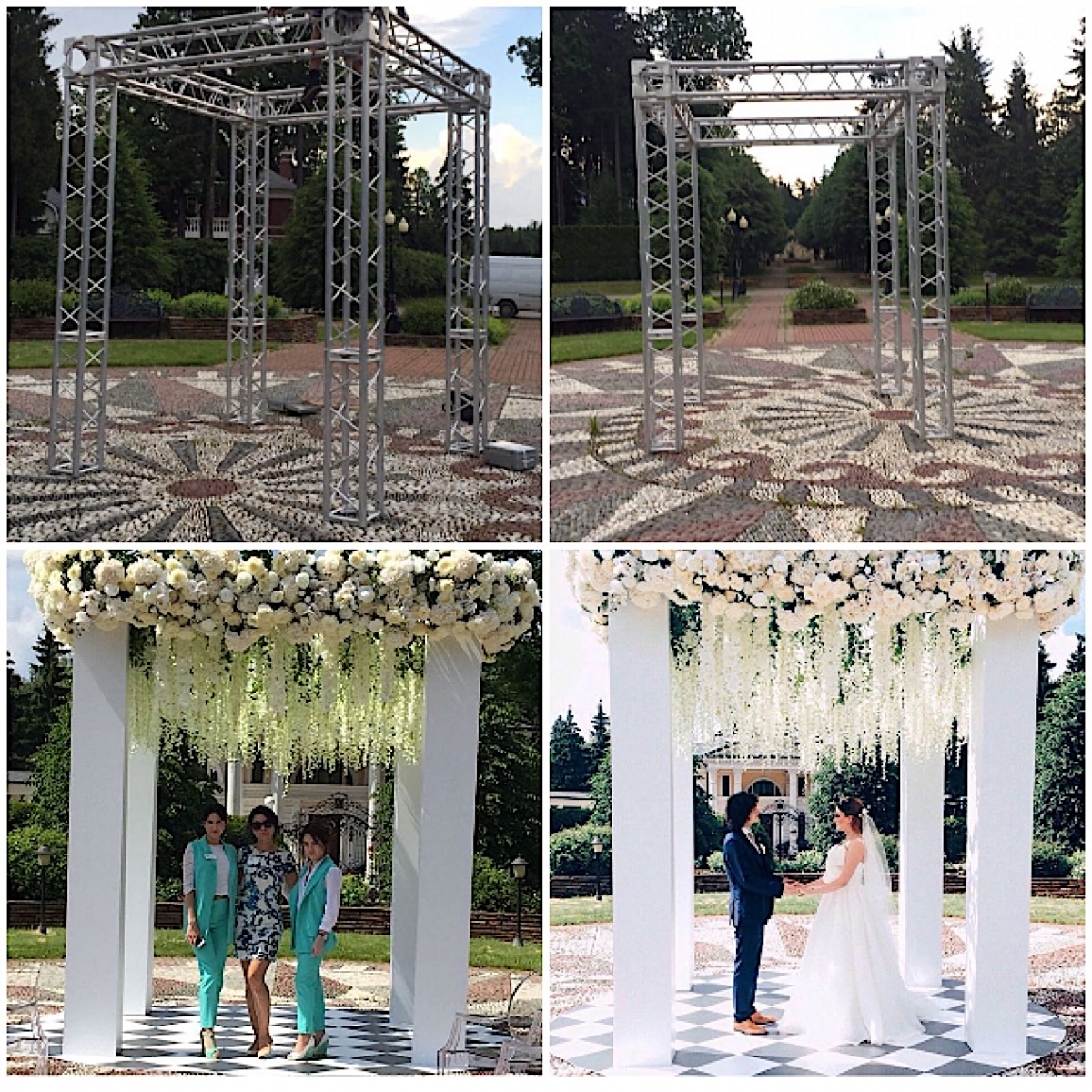 Конструкция из фермы в аренду в качестве основы для арки выездной регистрации на свадьбу.