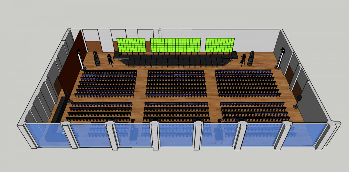Белые акустические системы Seeburg i5 в качестве Front Fill на широкой сцене на конференции.