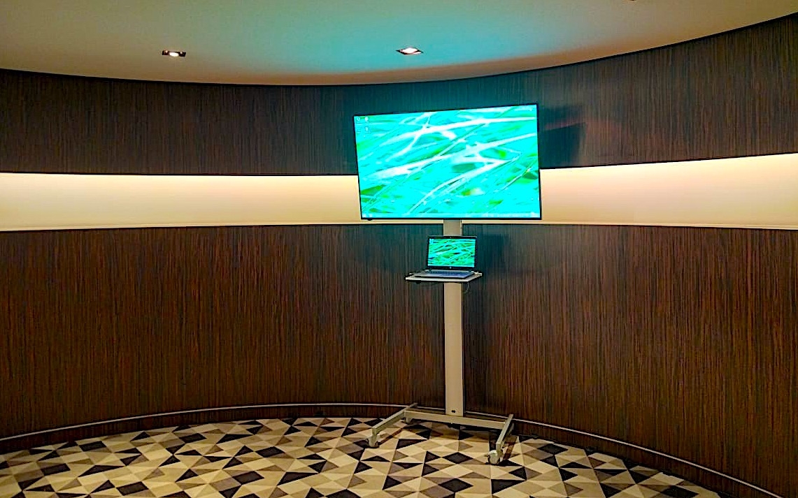 Плазма в аренду со стойкой и полкой для ноутбука.